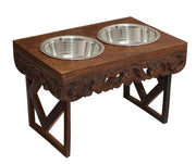 Elevated Pet Feeder for Dogs and Cats - The Bali Carved Wood Pet Feeding Stand with Two Stainless Steel Bowls - Three Heights Adjustable Raised Dog Bowl - Food Water Pet Feeding Station - IRONGATE